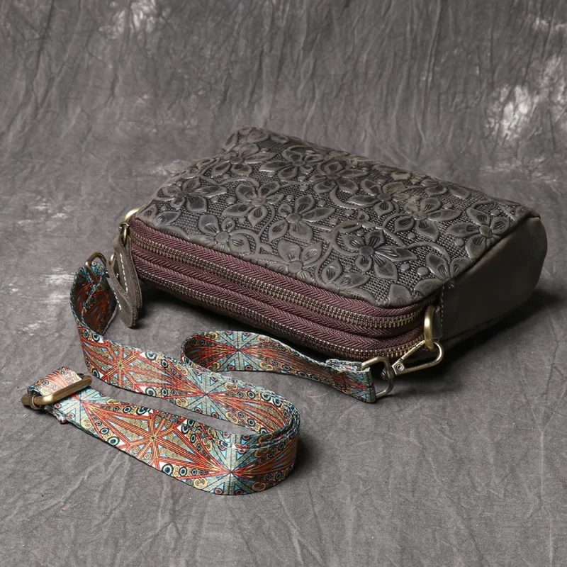 Vintage Embossed Genuine Leather Crossbody Shoulder Bag with Multiple Compartments - Image 6