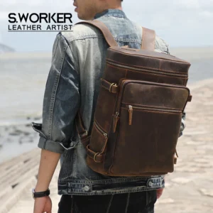 Vintage Crazy-Horse Leather Men's Laptop Backpack with Multi-Compartment Travel Design