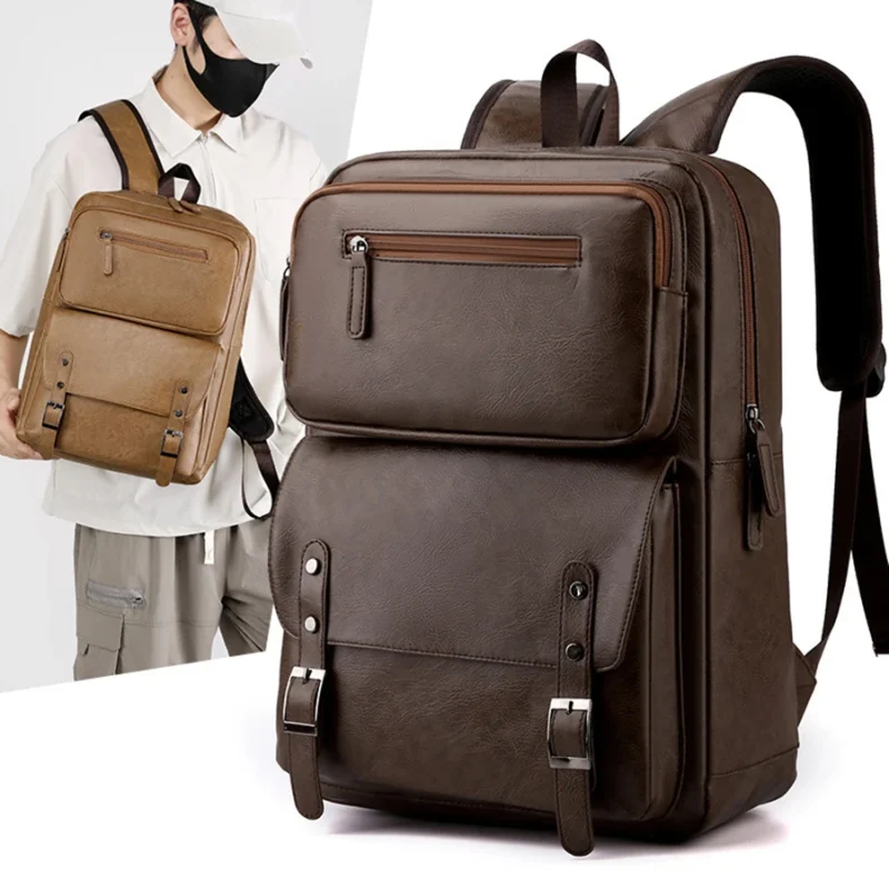 Premium PU Leather Men's Laptop Backpack with Multiple Compartments for School and Travel - Image 2