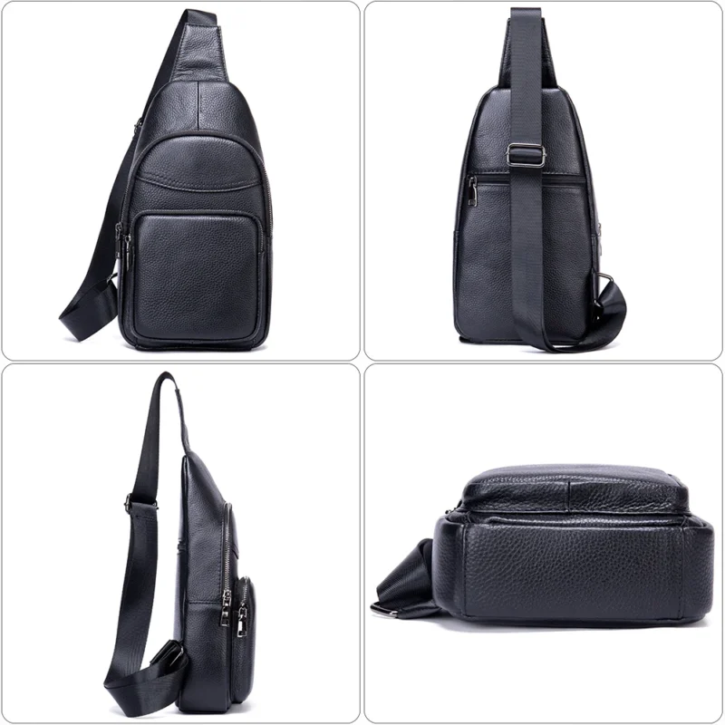 Premium Black Cowhide Leather Men's Sling Chest Bag with Multiple Compartments - Image 3