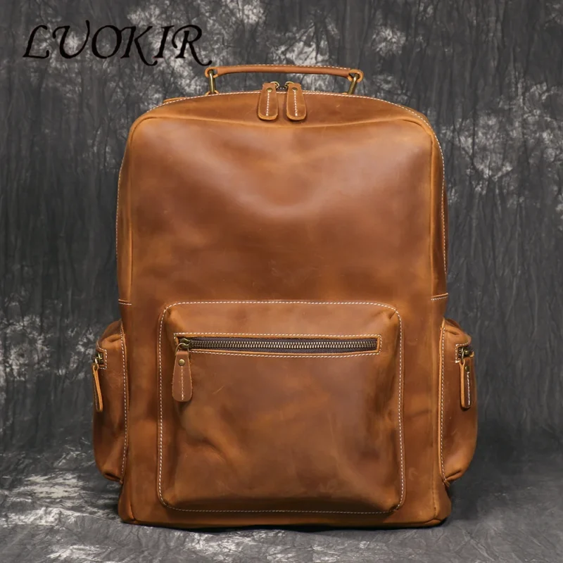 Vintage Crazy Horse Leather Travel Backpack Large Capacity Laptop Bag with Multiple Compartments