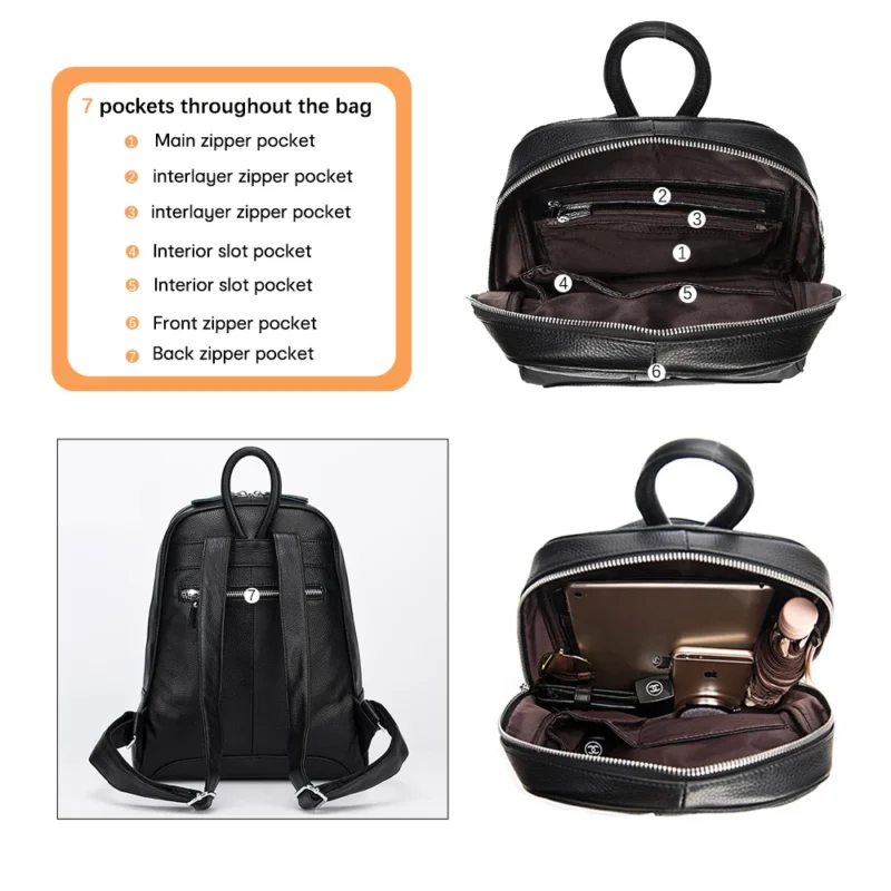 Premium Genuine Cow Leather Women's Fashion Backpack with Multiple Compartments for Travel and School - Image 5