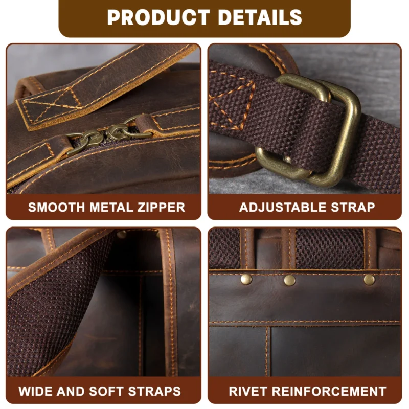 Vintage Brown Crazy-Horse Leather Men's Laptop Backpack with Multiple Compartments - Image 4