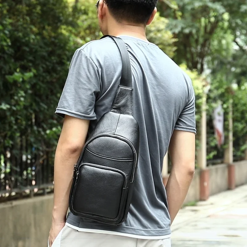 Premium Black Cowhide Leather Men's Sling Chest Bag with Multiple Compartments - Image 6
