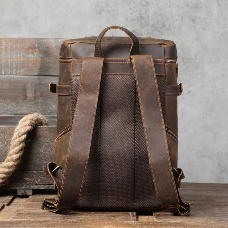 Vintage Crazy-Horse Leather Men's Laptop Backpack with Multi-Compartment Travel Design - Image 3