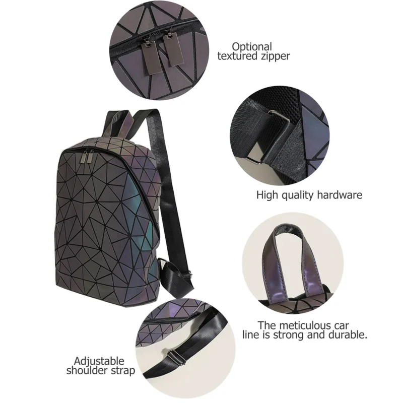 Holographic Geometric Laser Diamond PU Leather Women's Fashion Backpack with Glow-in-the-Dark Design - Image 5