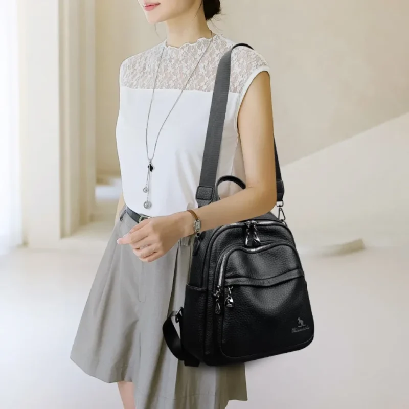 Premium Soft Leather Women's Backpack Multi-functional School Bag with Multiple Compartments - Image 2
