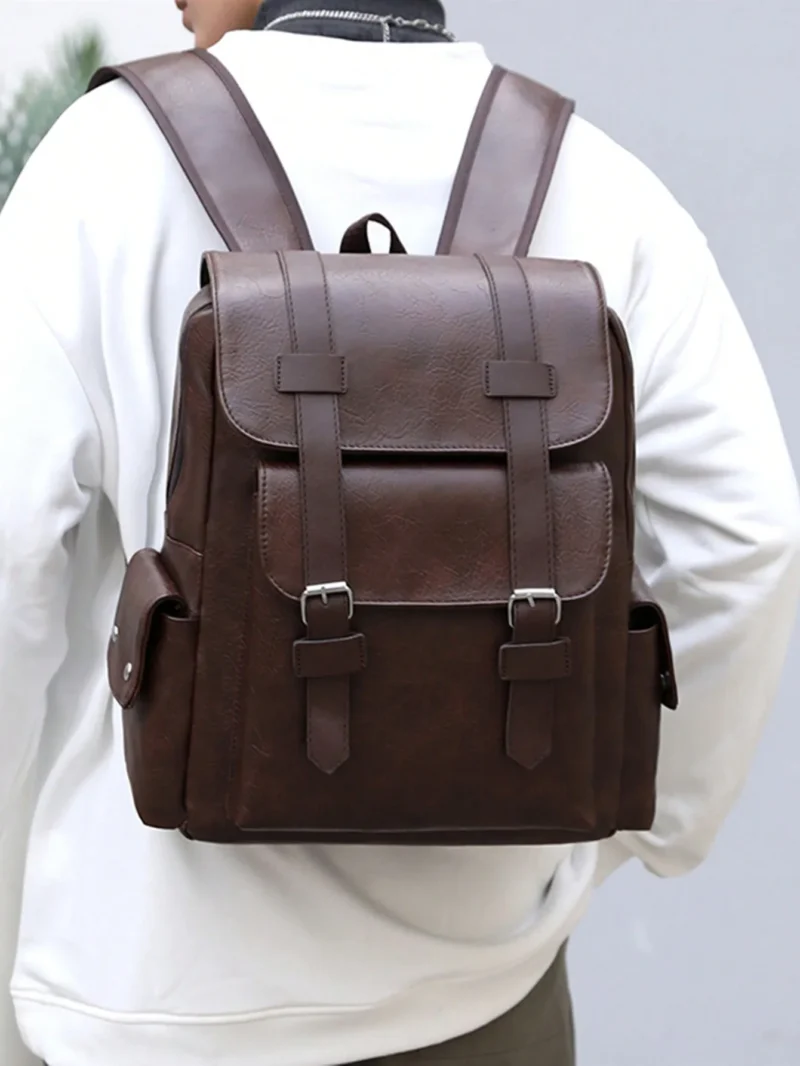 Vintage Brown PU Leather Laptop Backpack with Waterproof Design and Large 36-55L Capacity - Image 3