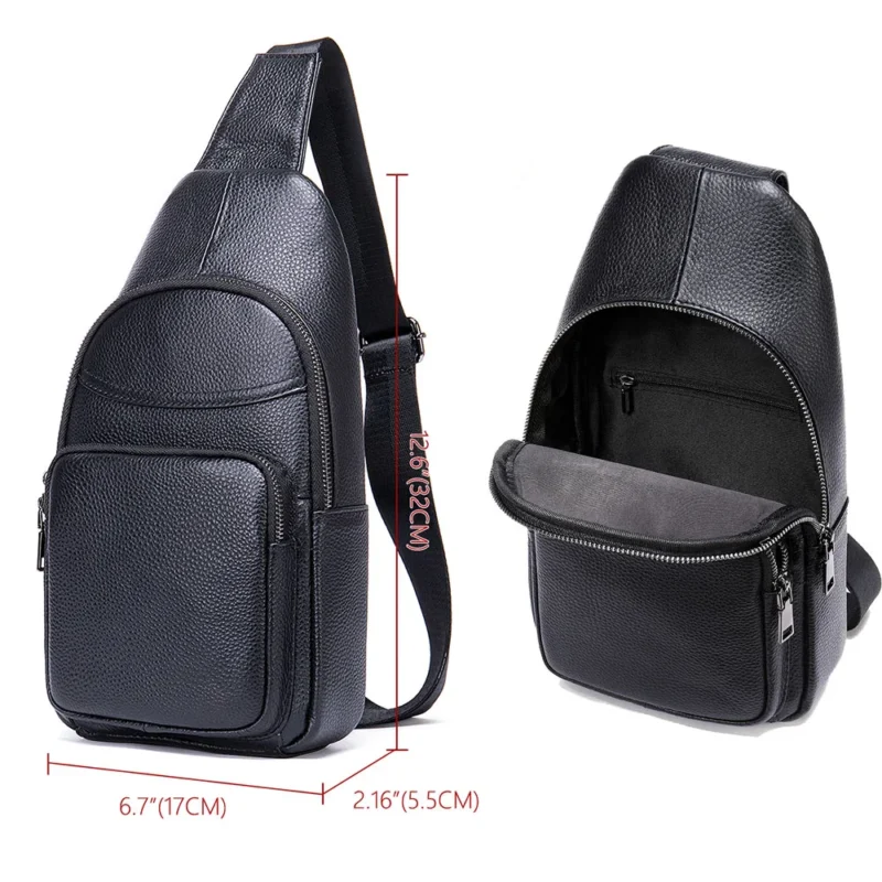 Premium Black Cowhide Leather Men's Sling Chest Bag with Multiple Compartments - Image 5