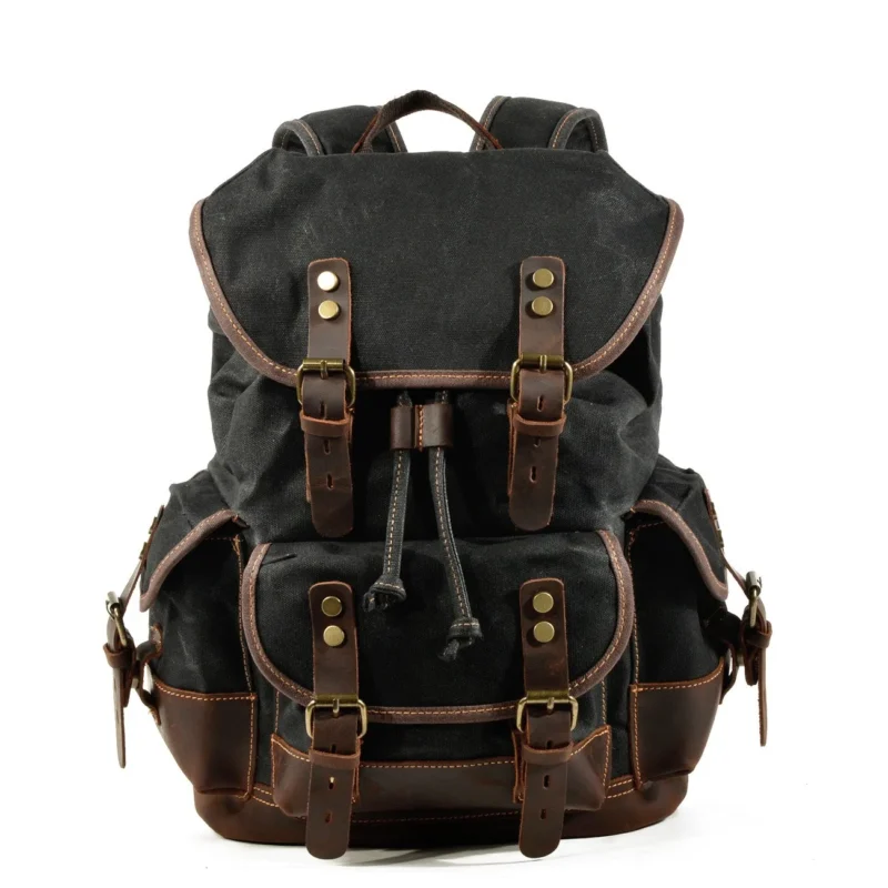 Vintage Canvas Leather Backpack Large Capacity Outdoor Travel Hiking Daypack with Laptop Compartment - Image 16