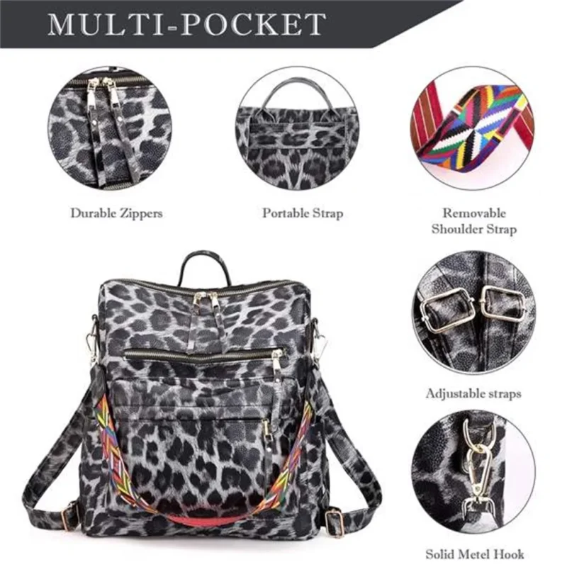 Split Leather Leopard Print Fashion Backpack Purse with Multi-Compartment Design for Women - Image 3