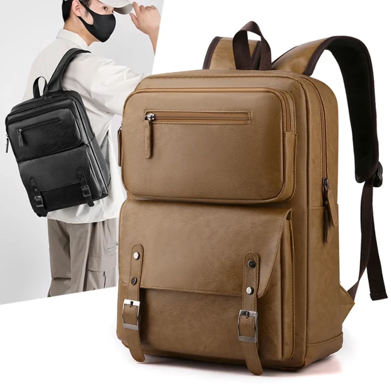 Premium PU Leather Men's Laptop Backpack with Multiple Compartments for School and Travel - Image 3