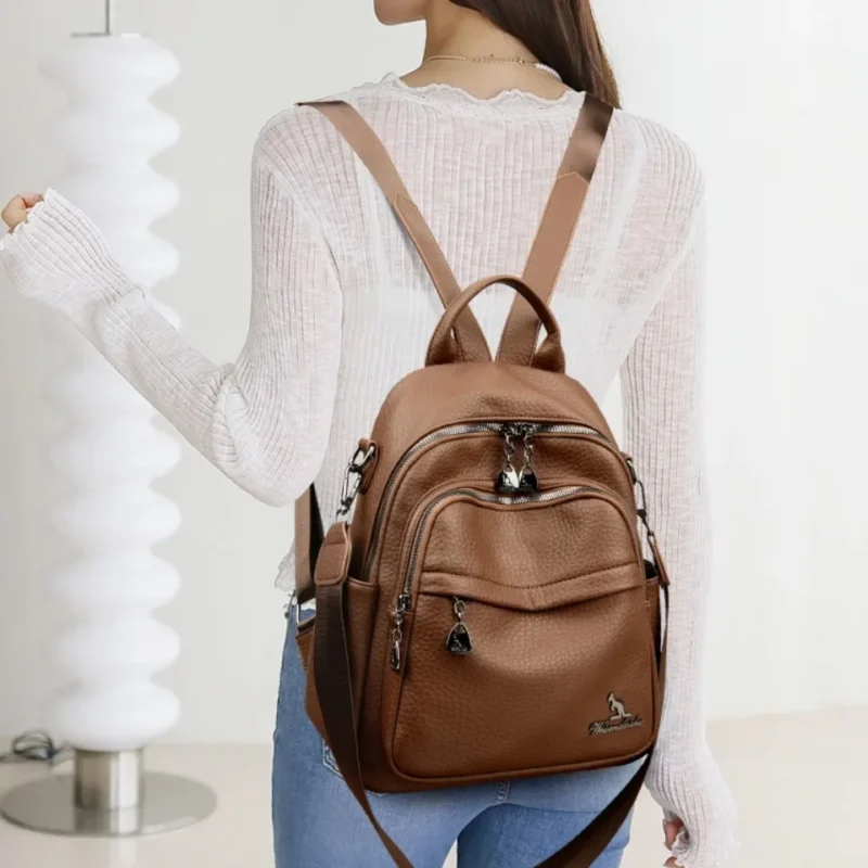 Premium Soft Leather Women's Backpack Multi-functional School Bag with Multiple Compartments - Image 3