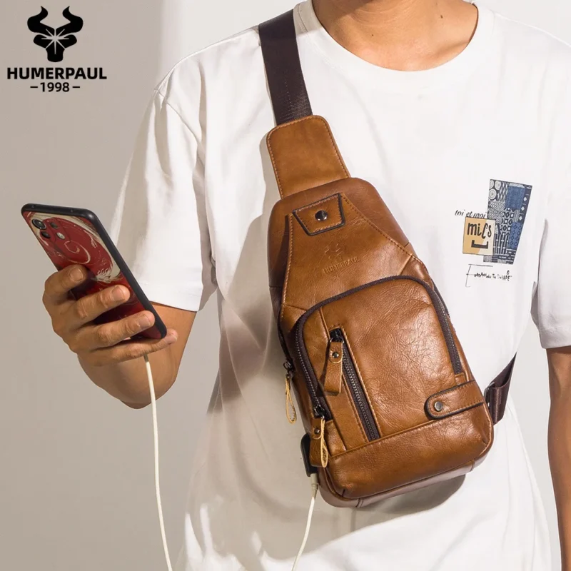 Premium Genuine Leather Men's Chest Bag with USB Port for Travel and Everyday Use - Image 2