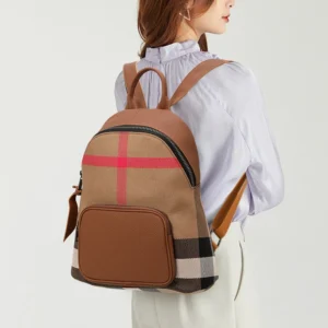 Premium Plaid Cowhide Leather Women's Backpack with Multi-Compartment Design
