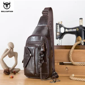 Premium Genuine Leather Men's Chest Sling Bag with Multiple Compartments