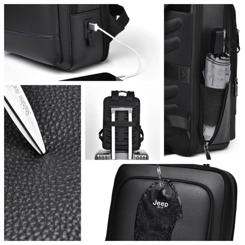 Premium Black Genuine Leather Business Laptop Backpack for Men with Multi-Compartment Organization - Image 4