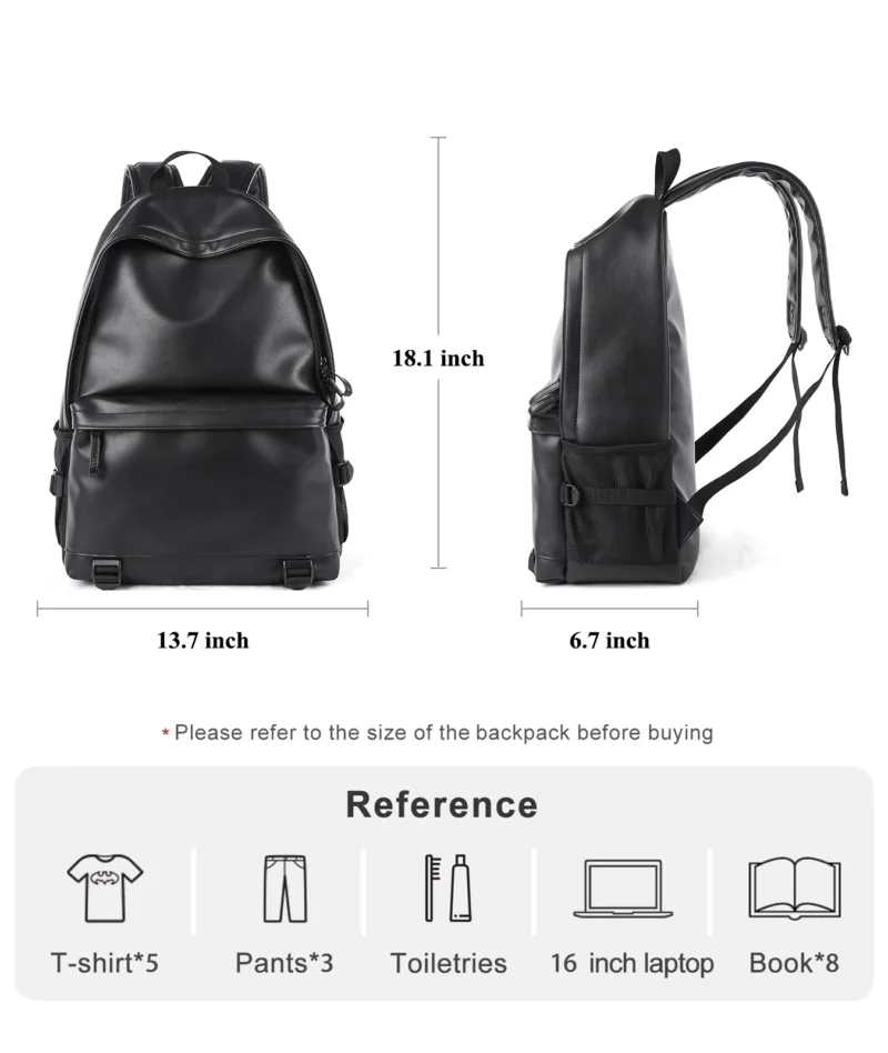 Premium Black PU Leather 16-inch Laptop Backpack for Business Travel with Waterproof Protection - Image 5