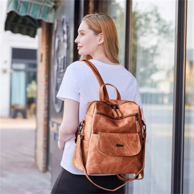 Waterproof Brown PU Leather Women's Backpack Purse with Multiple Compartments - Image 3