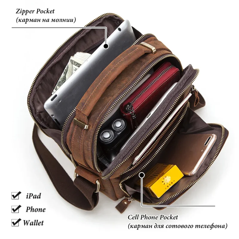 Vintage Crazy Horse Leather Messenger Bag Men's Large Capacity Travel Shoulder Tote with Laptop Compartment - Image 3