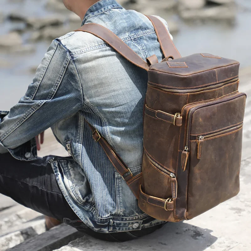 Vintage Crazy-Horse Leather Men's Laptop Backpack with Multi-Compartment Travel Design - Image 5