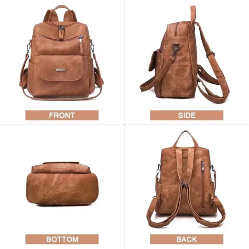 Waterproof Brown PU Leather Women's Backpack Purse with Multiple Compartments - Image 6