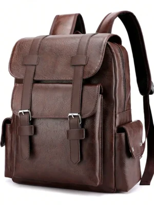 Vintage Brown PU Leather Laptop Backpack with Waterproof Design and Large 36-55L Capacity