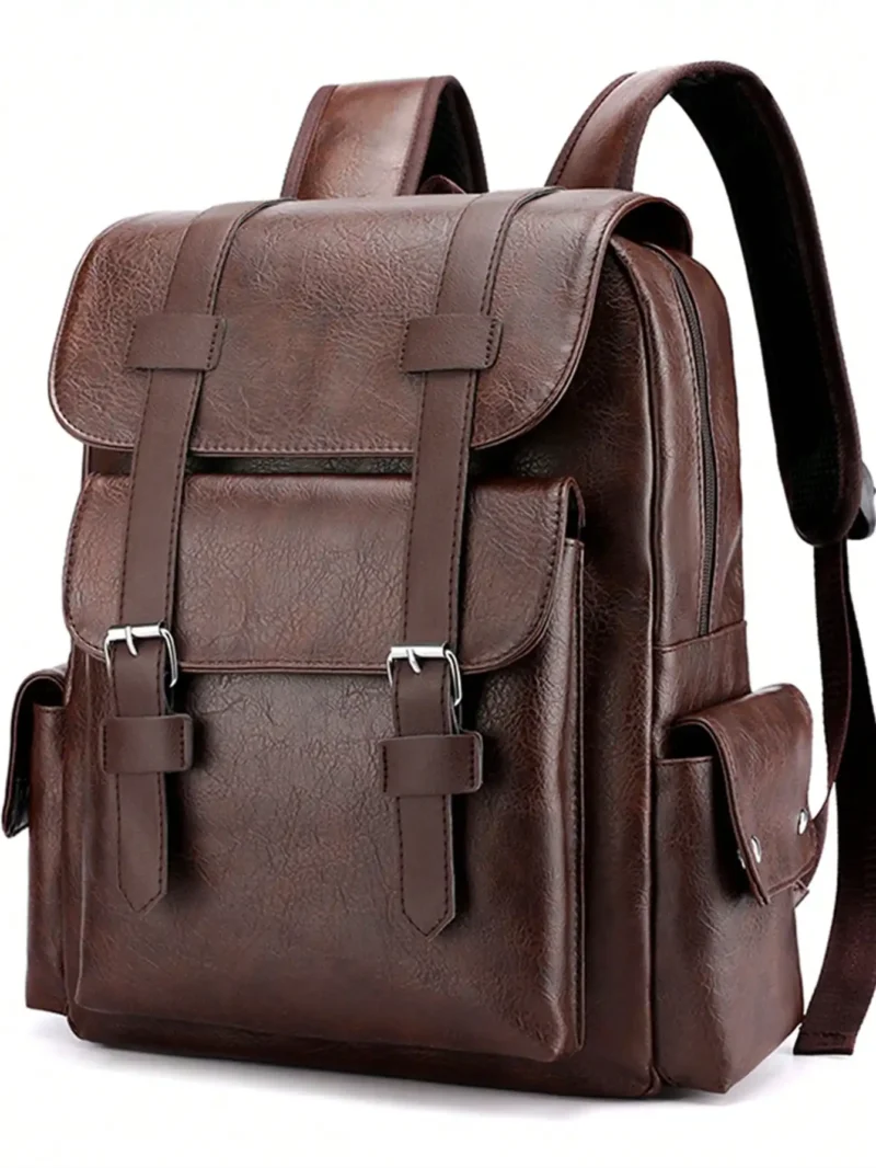 Vintage Brown PU Leather Laptop Backpack with Waterproof Design and Large 36-55L Capacity