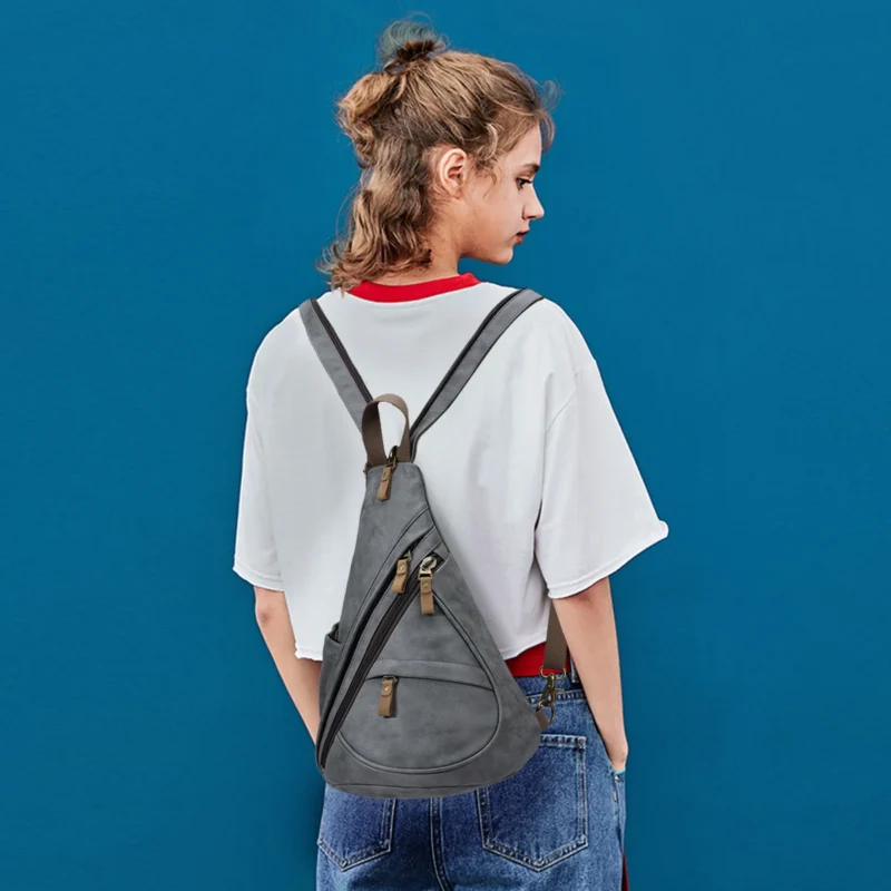 Premium PU Leather Crossbody Sling Backpack Unisex Casual Daypack with Multiple Compartments - Image 6