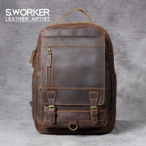 Vintage Brown Crazy-Horse Leather Men's Laptop Backpack with Multiple Compartments