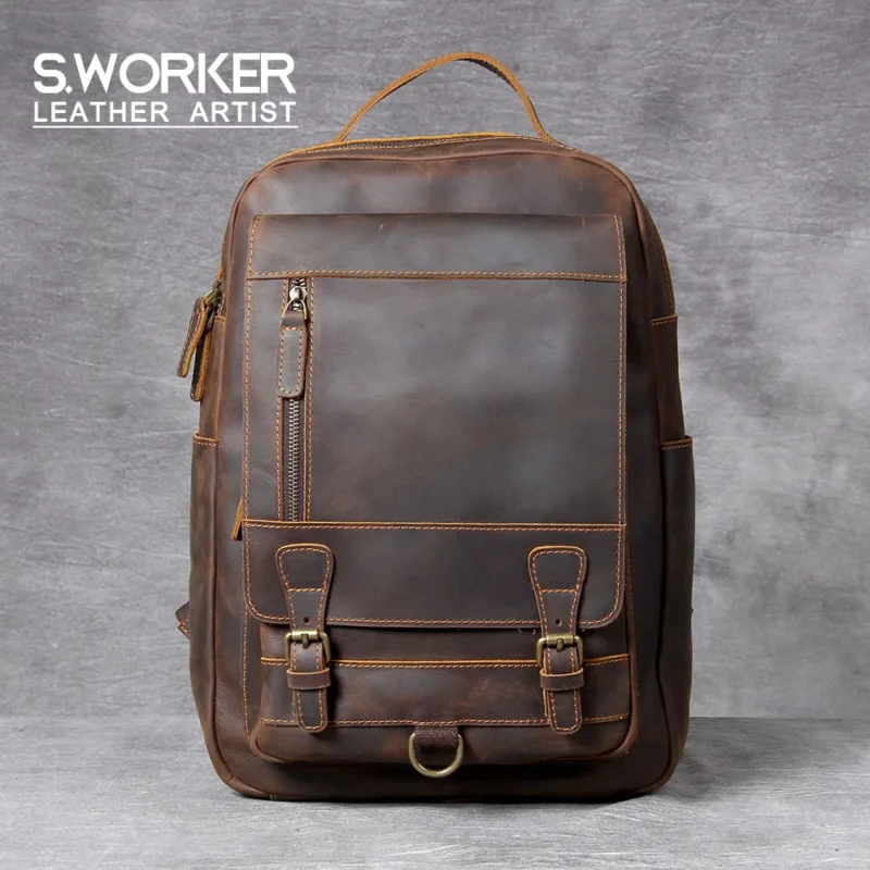 Vintage Brown Crazy-Horse Leather Men's Laptop Backpack with Multiple Compartments