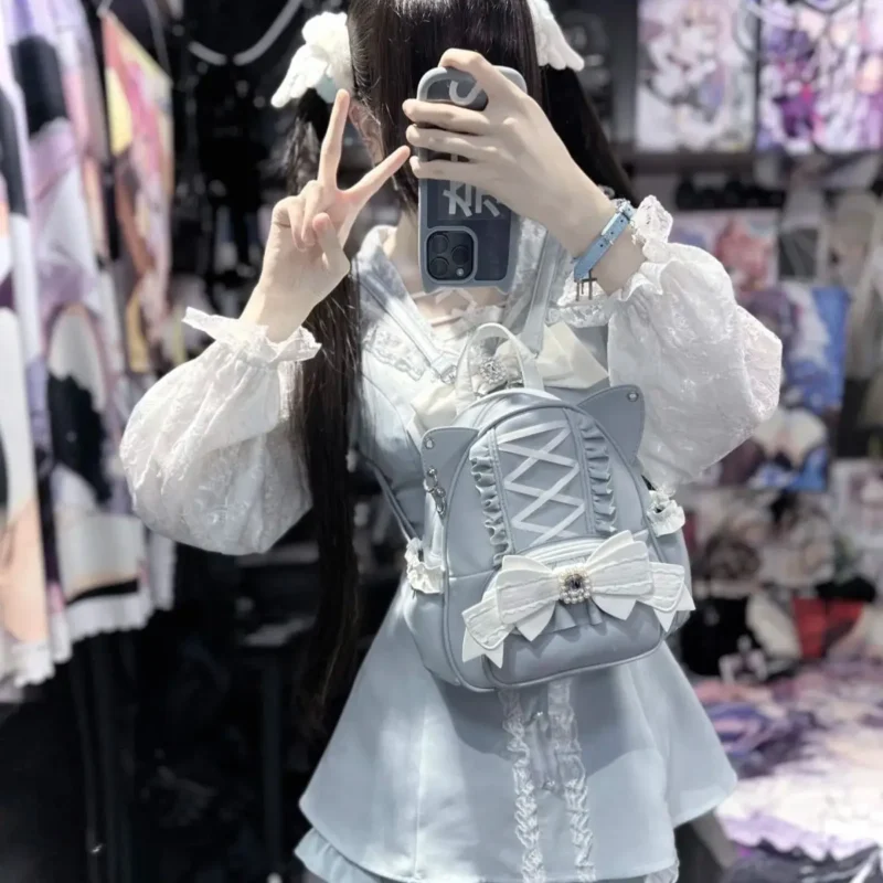 Black PU Leather Lolita Backpack with Cat Ears and Bow Decoration for Women - Image 4