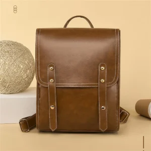 Vintage Brown Vegan Leather Laptop Backpack Multi-Purpose Daypack for Men and Women