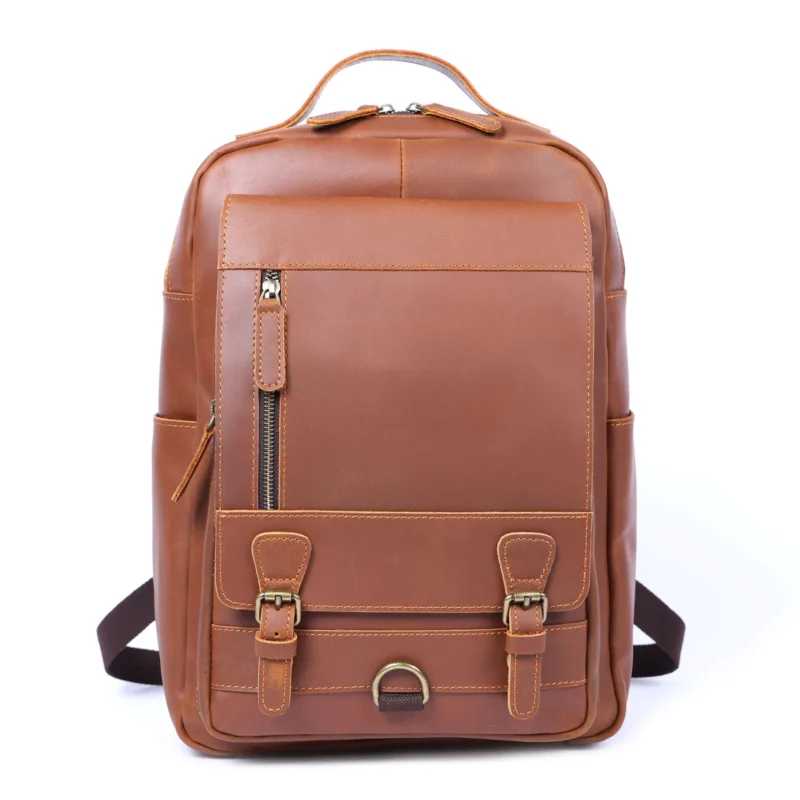 Vintage Brown Crazy-Horse Leather Men's Laptop Backpack with Multiple Compartments - Image 7