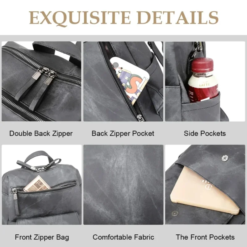 Premium Gray PU Leather Women's Convertible Backpack Purse with Multiple Compartments - Image 4