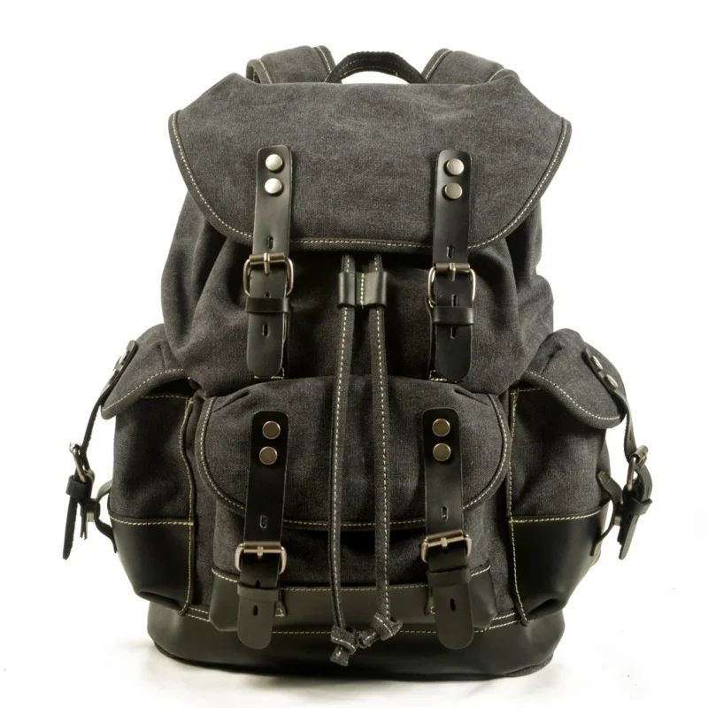 Vintage Canvas Leather Backpack Large Capacity Outdoor Travel Hiking Daypack with Laptop Compartment - Image 8
