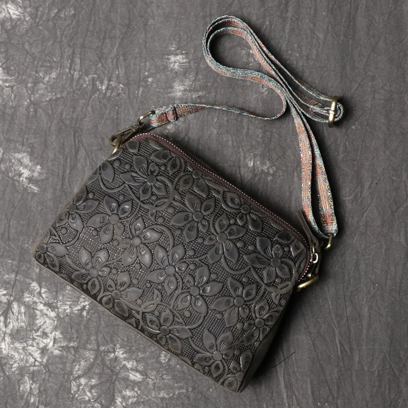 Vintage Embossed Genuine Leather Crossbody Shoulder Bag with Multiple Compartments - Image 2
