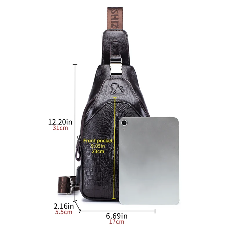 Premium Crocodile Pattern Leather Men's Crossbody Chest Bag with USB Charging Port - Image 2