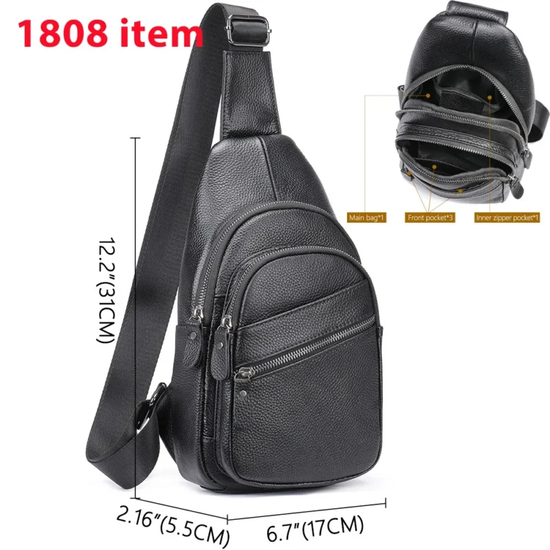 Premium Black Cowhide Leather Men's Sling Chest Bag with Multiple Compartments - Image 7