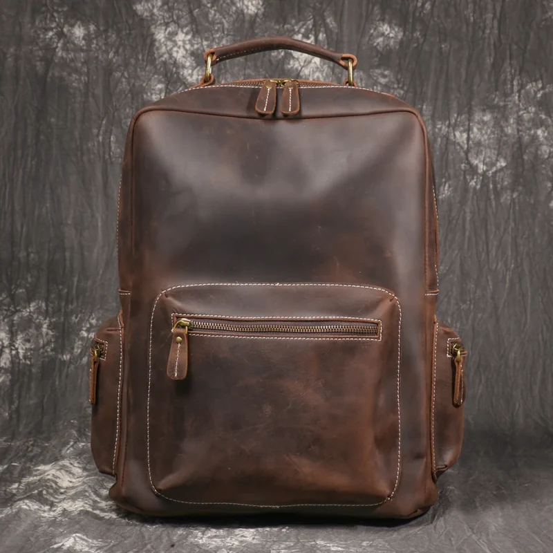Vintage Crazy Horse Leather Travel Backpack Large Capacity Laptop Bag with Multiple Compartments - Image 2